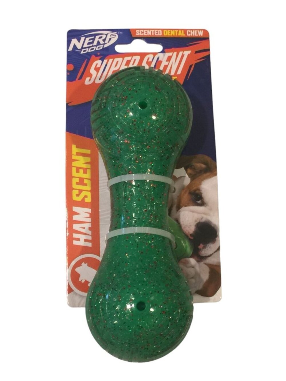 NERF DOG Super Scent Dental Chew Ham Scent Holiday Green Glitter Dumbell Dog Toy